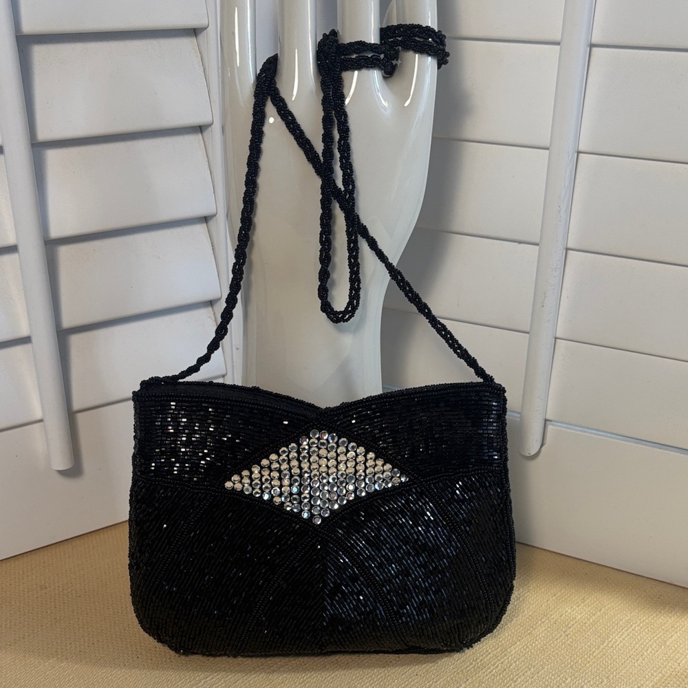 Vintage La Regale Little Black Beaded Rhinestone Purse Small Evening Hand Bag